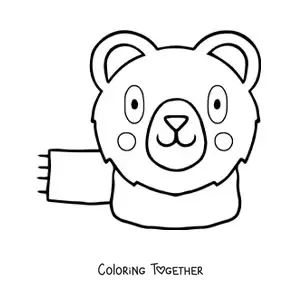 Coloring page of a cartoon kawaii bear face with a scarf