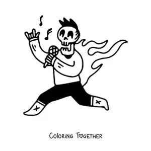 Coloring page of a dressed-up human skeleton singing rock with flames behind its back