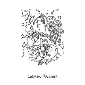 Coloring page of a skeleton holding a flask with a human heart, surrounded by Halloween decorations