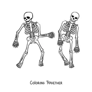 Coloring page of two human skeletons dancing
