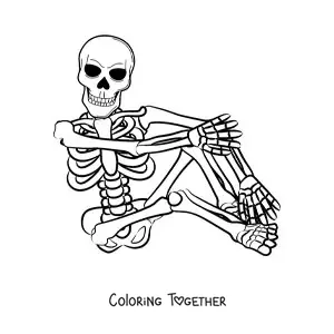 Coloring page of a human skeleton posing while sitting on the floor with one leg tucked up