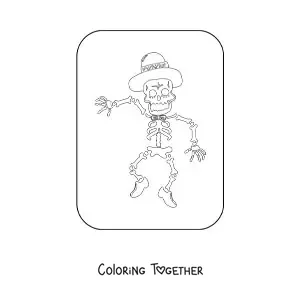 Coloring page of a human skeleton dancing with a hat on the Day of the Dead