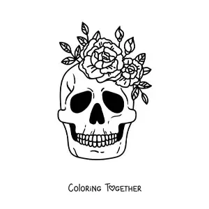 Coloring page of a skull decorated with flowers on top