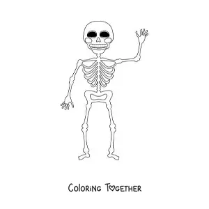 Coloring page of a smiling human skeleton waving hello