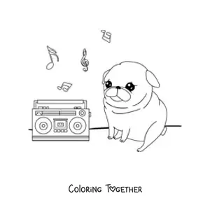 Coloring page of a kawaii pug listening to music on the radio with musical notes floating in the air