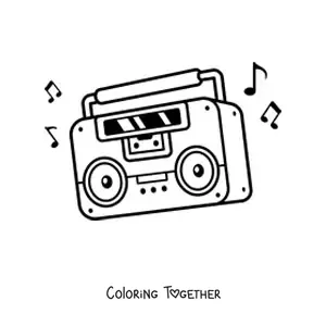 Coloring page of an animated cassette player radio with music