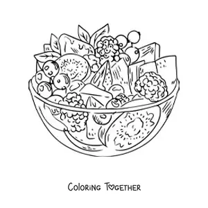 Coloring page of a realistic fruit salad in a glass bowl