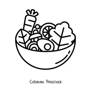 Coloring page of a salad with lettuce, carrot and eggs in a bowl