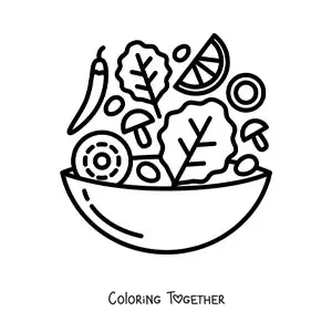 Coloring page of a salad with peppers, lettuce and mushrooms in a bowl