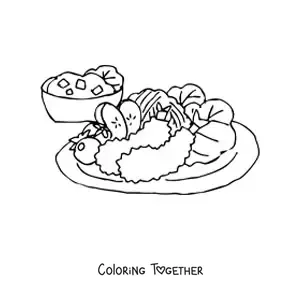 Coloring page of a dish with fried shrimp and salad