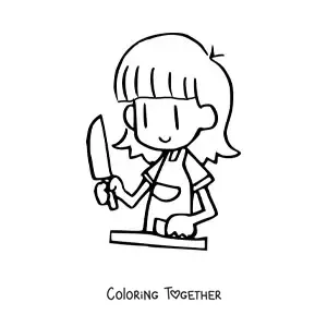 Coloring page of a girl cutting a carrot to make a salad