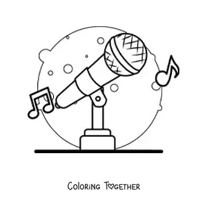 Coloring page of a wireless microphone on a stand with musical notes in the background