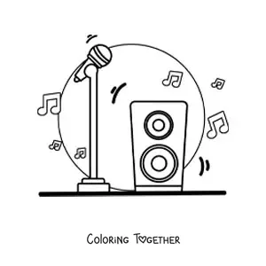 Coloring page of a standing microphone with a speaker, with musical notes in the background