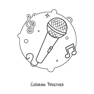 Coloring page of a microphone with musical notes in the background