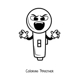 Coloring page of an animated microphone with fangs giving a Halloween scare