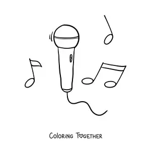 Coloring page of a microphone with musical notes in the background