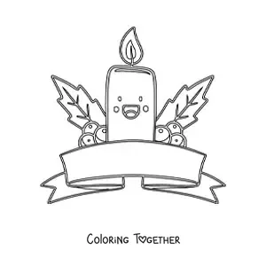 Coloring page of an animated kawaii Christmas candle with mistletoe and a ribbon