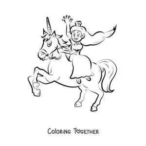 Coloring page of a princess riding a unicorn and waving