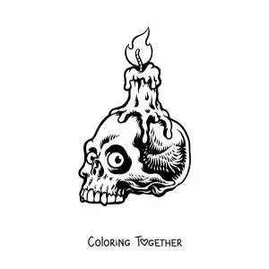 Coloring page of a Halloween candle on a scary skull