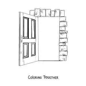 Coloring page of an open wooden door with a brick frame