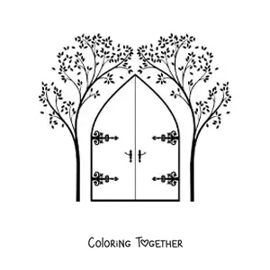 Coloring page of a door with two trees on either side
