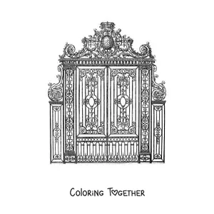Coloring page of a realistic wrought iron gate