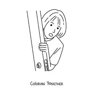 Coloring page of a girl peeking out from behind a door
