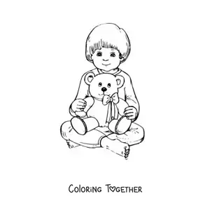 Coloring page of a boy sitting and holding a teddy bear