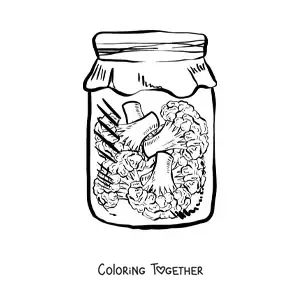Coloring page of broccoli pieces in a realistic glass jar