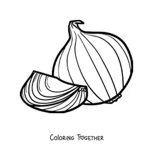 Coloring page of a whole large onion and a piece