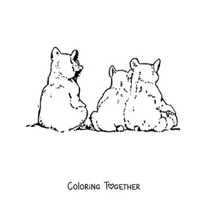 Coloring page of a family of baby bears sitting with their backs turned