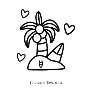 Coloring page of a cartoon kawaii island with a palm tree and hearts in the background