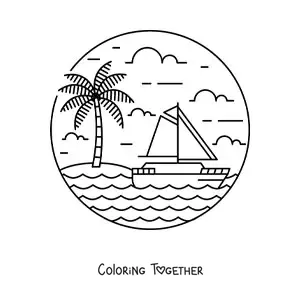 Coloring page of an island with a palm tree and a sailboat