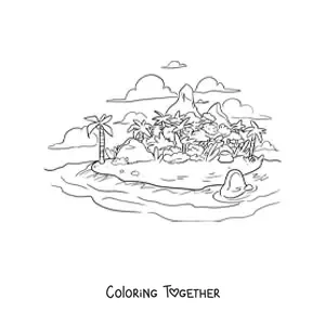 Coloring page of a large realistic island with palm trees and mountains