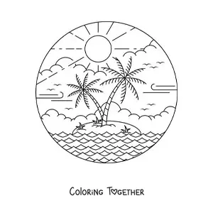 Coloring page of a paradise island with the sun and 2 palm trees