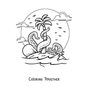 Coloring page of an island with a treasure chest and a giant octopus trying to steal it