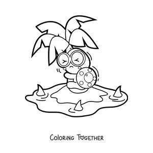 Coloring page of a scared kawaii turtle on an island surrounded by sharks