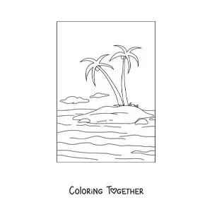 Coloring page of an island landscape with 2 palm trees