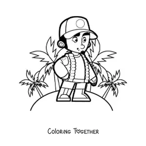 Coloring page of an explorer on a tropical island with palm trees