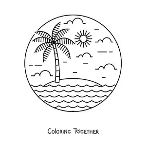 Coloring page of a desert island with a palm tree and the sun