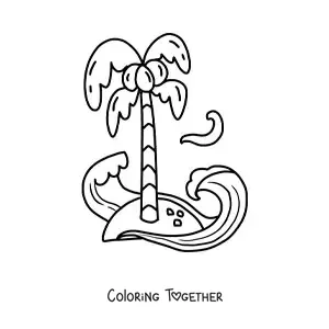 Coloring page of an island with a coconut tree and waves in the sea