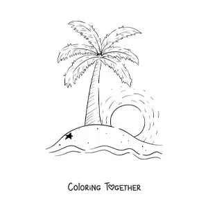 Coloring page of the sun setting over an island with a palm tree