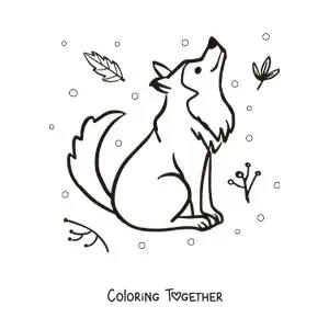 Coloring page of a kawaii wolf sitting and looking up with leaves around it