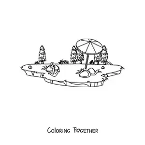 Coloring page of an island with a beach umbrella