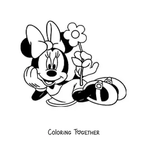 Coloring page of Minnie lying down holding a flower