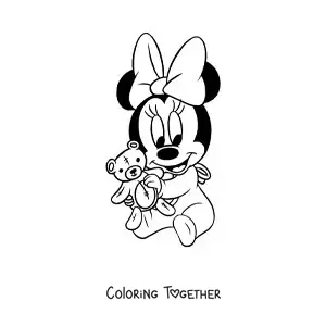 Coloring page of a kawaii baby Minnie with a teddy bear
