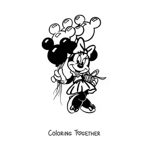 Coloring page of Minnie with a gift and Mickey-shaped birthday balloons