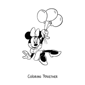 Coloring page of Minnie holding balloons
