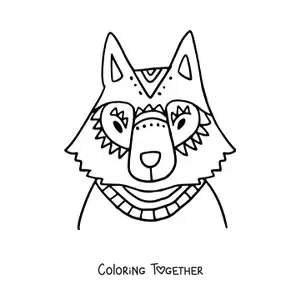 Coloring page of a wolf's head with geometric patterns