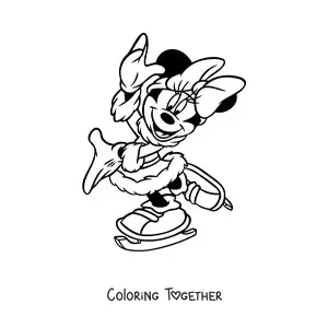Coloring page of Minnie dressed for winter, skating at Christmas